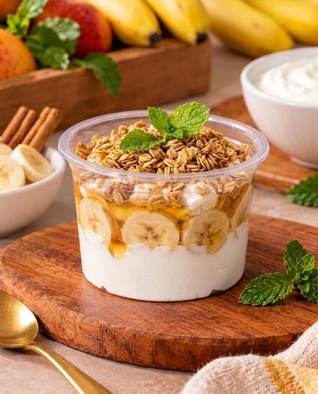 Iogurte grego com banana, mel e canela por cima