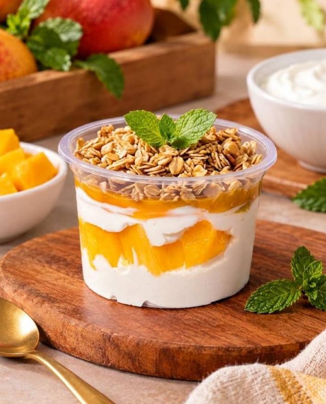 Iogurte grego com manga, geleia de manga com tangerina e granola por cima