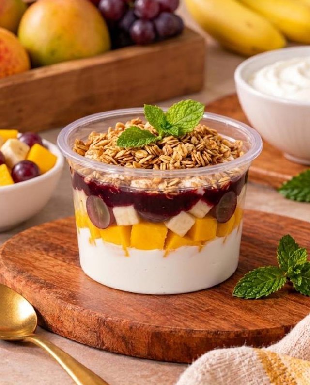 Iogurte grego premium com uva, manga, banana e geleia de amora por cima