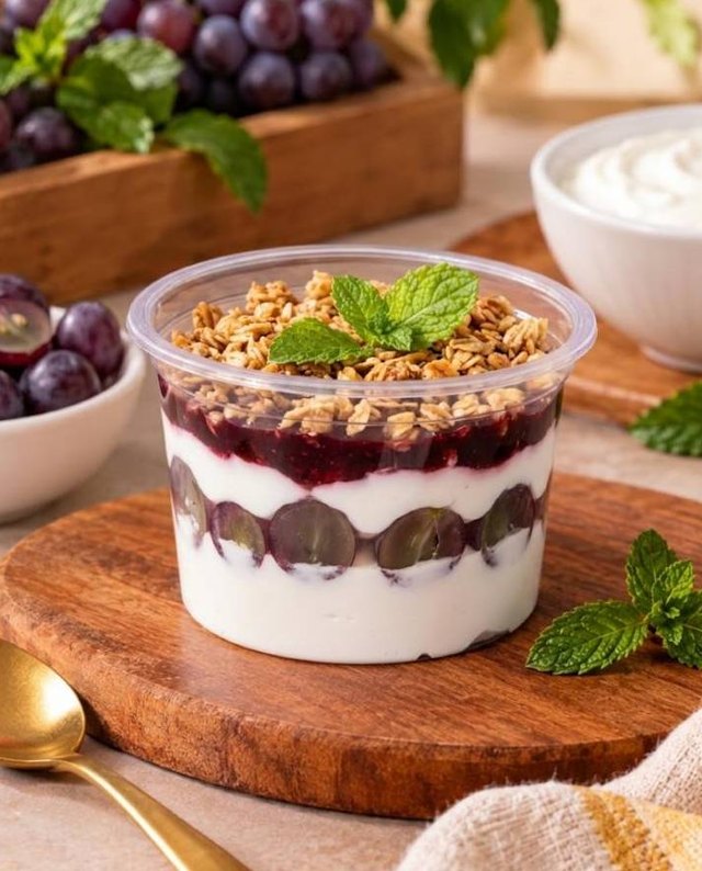 Iogurte grego com uva, geleia de amora com morango e granola por cima